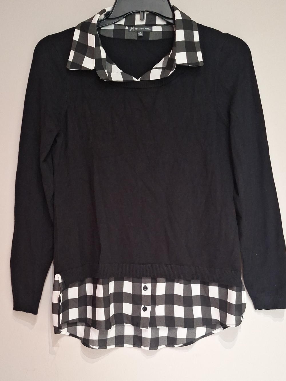 Adrienne Vittadini Black Sweater with Black & White Plaid Details
